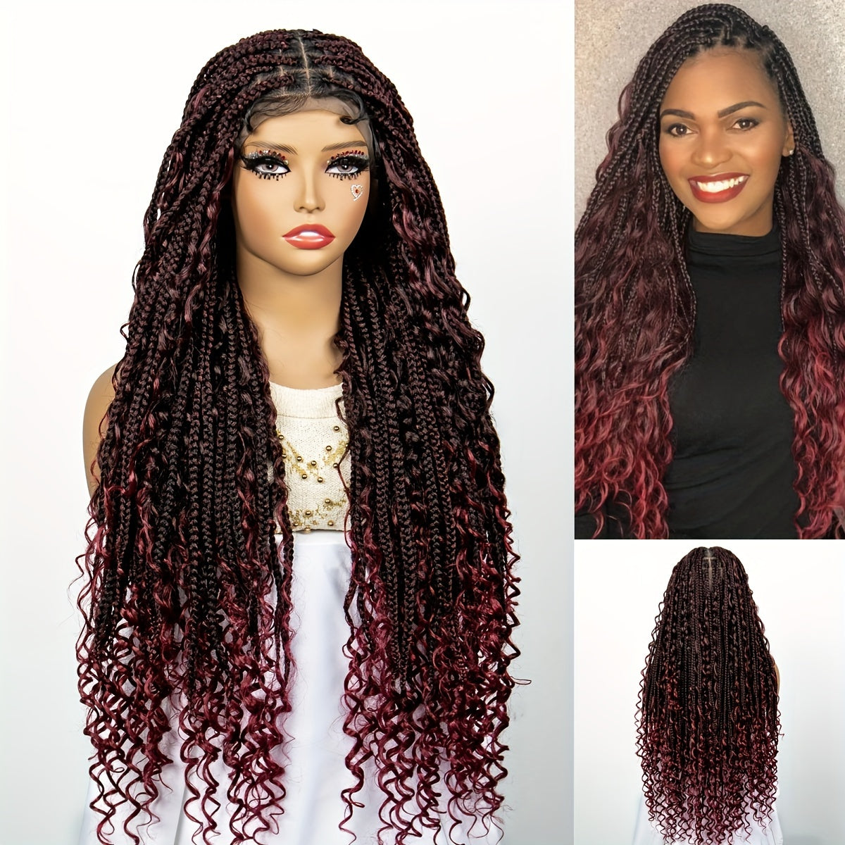 Boho Knotless Braided Wigs for & Men - Double Full Lace Synthetic Hair with Hair, 200% Density Curly Wave, Heat Resistant & Breathable, Unisex Bohemian Box Braids for Everyday & Special Occasions